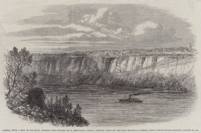Farina, mit einem Mann auf dem Rücken, überquert den Niagara auf einem Drahtseil, vom Balkon des Clifton House, 29. August 1860 (Stich) von English School