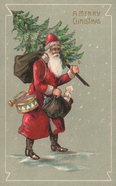 Weihnachtsmann trägt einen Sack mit Spielzeug und einen Weihnachtsbaum von English School