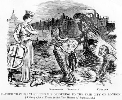 Vater Thames stellt seine Nachkommen der schönen Stadt London vor, die Nachkommen sind Diphtherie, Skrofulose und Cholera. Mehr ein offener Abwasserkanal als ein Fluss, der widerliche Zustand der Themse in London. von English School