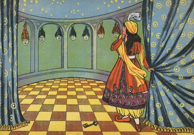 Fatima entdeckt das Geheimnis des verschlossenen Zimmers von Blaubart (Farblithografie) von English School