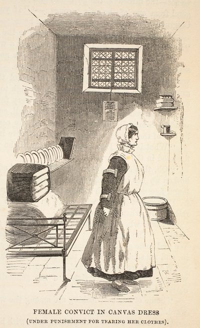 Weibliche Sträflinge in Leinwandkleidern (zur Strafe für das Zerreißen ihrer Kleidung), Illustration aus The Criminal Prisons of London and Scenes from Prison Life von Henry Mayhew und John Binny, veröffentlicht 1862 von English School
