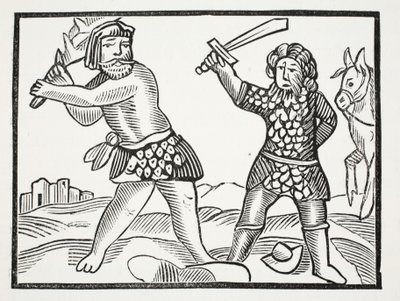 Ferragus erhebt eine mächtige Armee und belagert die Stadt Acquitain, Illustration aus Chap-books of the Eighteenth Century von John Ashton, veröffentlicht 1882 von English School
