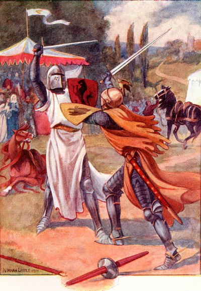 Kämpfende Ritter in Rüstung. Farbige Illustration aus dem Buch The Gateway to Tennyson, veröffentlicht 1910 von English School