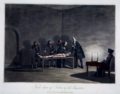 Erste Stufe der Folter der Inquisition, graviert von L.C. Stadler, veröffentlicht von Cadell & Davies, London, ca. 1813 von English School