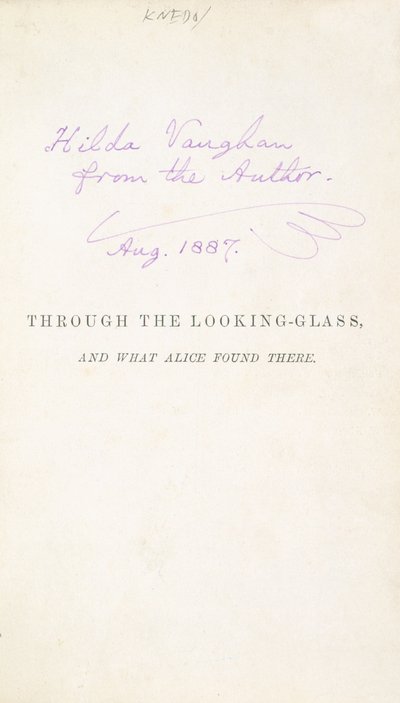 Erstausgabe von Lewis Carrolls Alice hinter den Spiegeln, mit der Widmung des Autors an Hilda Vaughn, 1887 von English School