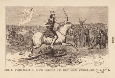 Erstes Siegel, weißes Pferd des Evangeliumseroberung und erste Engelsbotschaft von English School