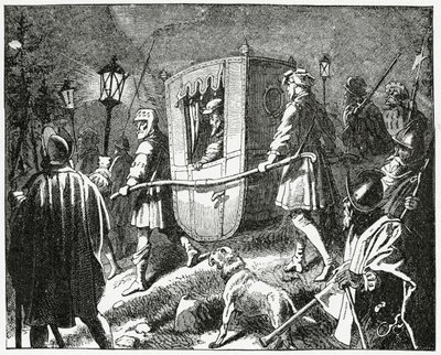 Flucht des Kaisers Karl V. im Jahr 1552 vor den protestantischen lutherischen Truppen unter der Führung des Kurfürsten Moritz von Sachsen, 1882 von English School