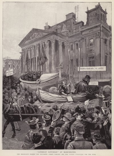 Festwagen zur Sammlung von Geldern für die Royal National Lifeboat Institution passiert die Exchange in Manchester von English School