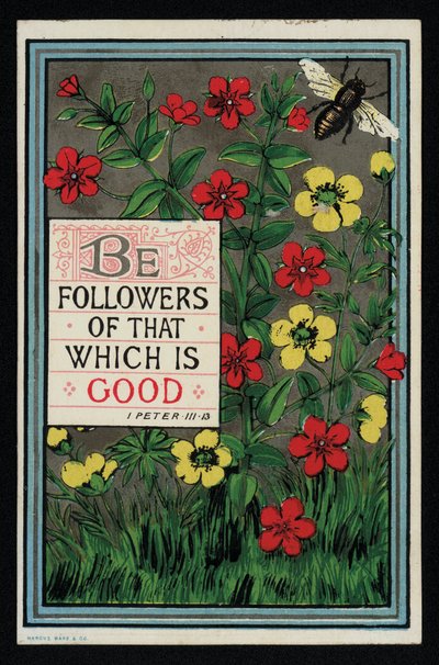 Blumen mit einem Bibelvers aus 1. Petrus 3:13, Grußkarte von English School