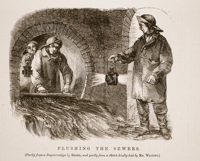 Spülung der Kanalisation, teilweise nach dem Daguerreotypie von Richard Beard und teilweise nach einer freundlicherweise von Herrn Whiting geliehenen Skizze, Illustration aus London Labour and London Poor von Henry Mayhew, veröffentlicht 1862 von English School