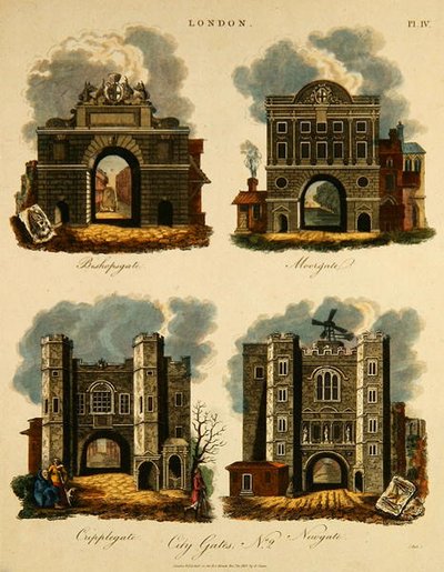Vier Stadttore: Bishopsgate, Moorgate, Cripplegate und Newgate, graviert von J. Pass, veröffentlicht von G. Jones von English School