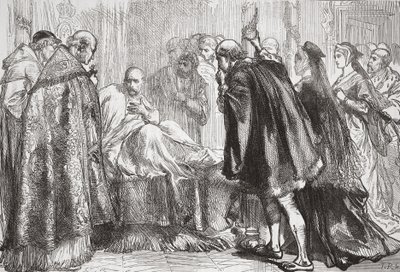 Franz I. auf seinem Sterbebett, Illustration aus Die Geschichte des Protestantismus von James Aitken Wylie, veröffentlicht 1878 von English School