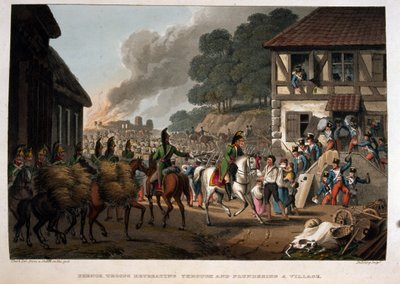 Französische Truppen ziehen sich durch und plündern ein Dorf (Aquatinta) von English School