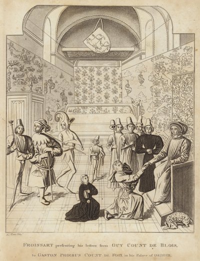 Froissart überreicht seine Briefe von Guy Court de Blois an Gaston Phoebus, Graf von Foix, in seinem Palast von Orthez von English School