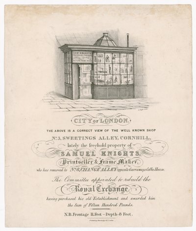 Vorderseite von Nr. 3, Sweetings Alley, Cornhill, ehemals Eigentum von Samuel Knights, Druckverkäufer und Rahmenmacher von English School
