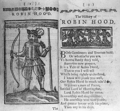 Frontispiz und Anfangszeilen zu Die Geschichte von Robin Hood von English School