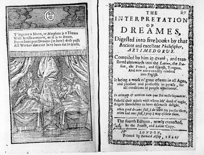 Frontispiz und Titelseite zu Die Deutung der Träume von Artemidorus, englische Ausgabe veröffentlicht 1644 von English School