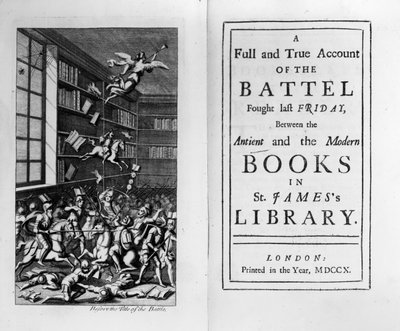 Frontispiz und Titelseite zu The Battle of the Books von Jonathan Swift, veröffentlicht 1710 von English School