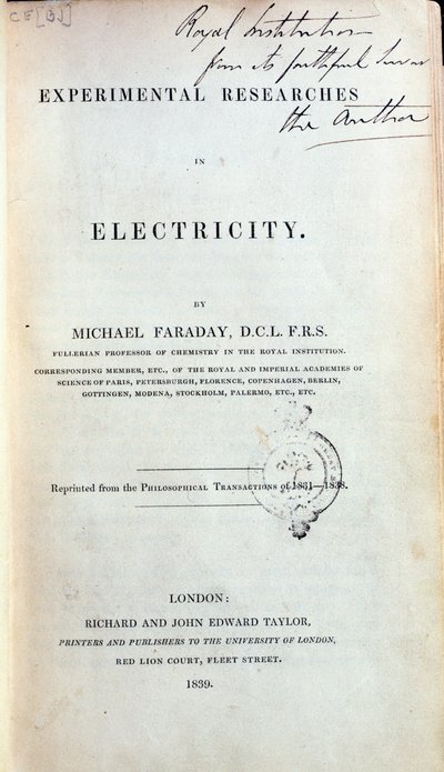 Frontispiz für Experimental Researches in Electricity von Michael Faraday (1791-1867), veröffentlicht 1839 von English School