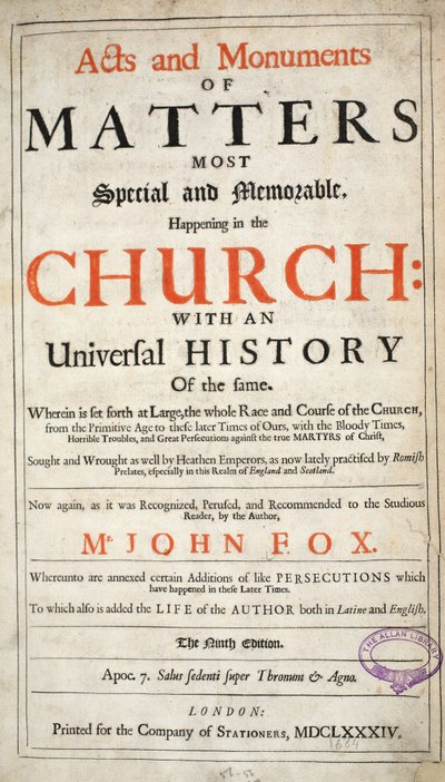 Frontispiz, aus Acts and Monuments von John Foxe, neunte Ausgabe, veröffentlicht 1684 von English School