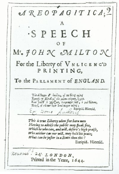 Frontispiz von Areopagitica, eine Rede von John Milton (1608-74) veröffentlicht 1644 von English School
