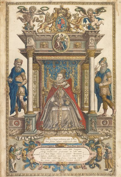 Frontispiz des Atlas der Länder von England und Wales von Christopher Saxon, London 1579 von English School