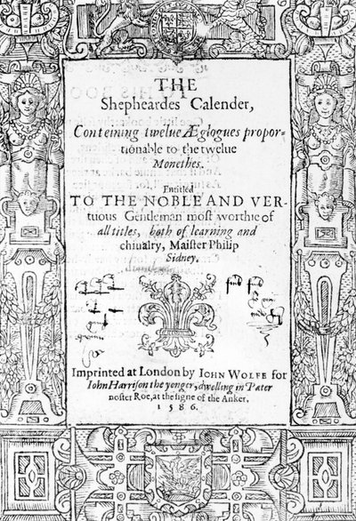 Frontispiz von The Shepheardes Calender von Esmond Spenser (1552-99), veröffentlicht 1586 von English School