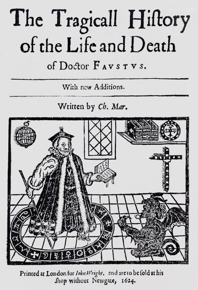 Frontispiz der Tragischen Geschichte des Lebens und Todes von Doktor Faustus, von Christopher Marklin, ca. 1616 von English School