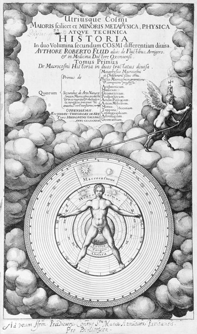 Frontispiz von Utriusque Cosmi Historia von Robert Fludd (1574-1637) Band I, veröffentlicht von Oppenheim 1617 von English School