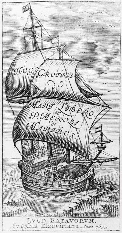 Frontispiz zu De mari libero, von Hugo Grotius und Paulus van Merula de Maribus, 1633 von English School