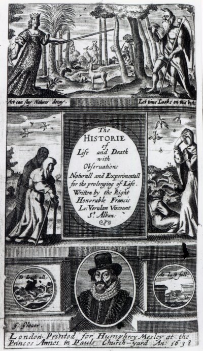 Frontispiz zu Francis Bacons Die Geschichte von Leben und Tod, veröffentlicht 1638 von English School