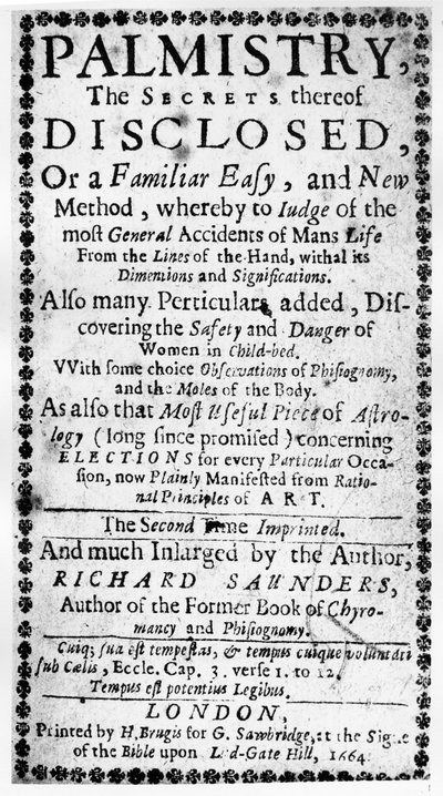 Frontispiz zu Palmistry, die Geheimnisse davon enthüllt von Richard Saunders, 1664 von English School