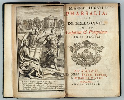 Frontispiz zu Pharsalia oder Der Bürgerkrieg zwischen Caesar und Pompeius von Marcus Annaeus Lucan, graviert von J. Cole, 1719 von English School