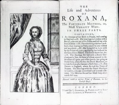 Frontispiz zu Roxana, Die glückliche Mätresse von Daniel Defoe, Ausgabe veröffentlicht 1765 von English School
