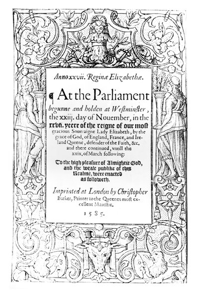 Frontispiz zu einem Bericht über das Parlament von Königin Elizabeth, abgehalten zwischen dem 23. November 1584 und dem 24. März 1585 (gedruckt von Christopher Barker, 1585) von English School