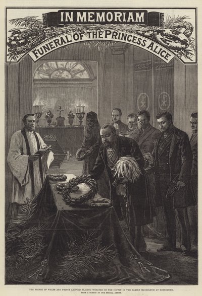 Beerdigung der Prinzessin Alice, der Prinz von Wales und Prinz Leopold legen Kränze auf den Sarg im Familienmausoleum in Rosenhohe (Gravur) von English School
