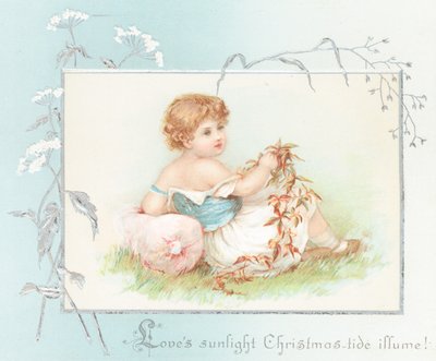 Mädchen entspannt auf Gras mit Blättern, Weihnachtskarte von English School