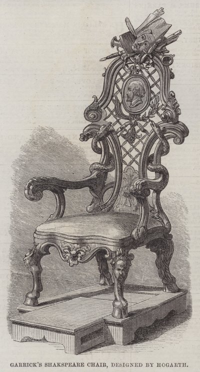 Garricks Shakespeare-Stuhl, entworfen von Hogarth (Stich) von English School