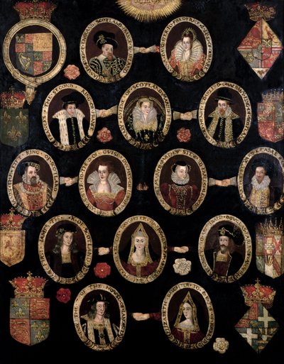 Genealogische Tafel, die die Tudor-Wurzeln von Maria Stuart, Königin von Schottland (1542-87) und ihrem Sohn James VI. von Schottland und I. von England (1566-1625) nachzeichnet, ca. 1603 von English School