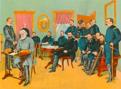General Lee unterzeichnet die Friedensbedingungen, die von General Grant ausgearbeitet wurden von English School