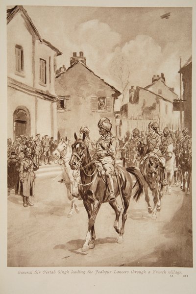 General Sir Pertab Singh führt die Jodhpur Lancers durch ein französisches Dorf, 1914-19 von English School