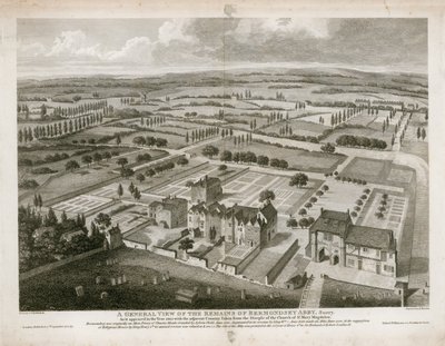 Gesamtansicht der Überreste der Bermondsey-Abtei, wie sie 1805 erschien von English School