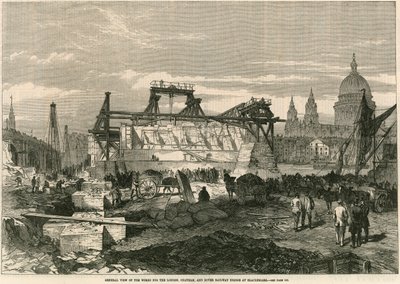 Gesamtansicht der Arbeiten für die London, Chatham und Dover Eisenbahnbrücke in Blackfriars, London von English School
