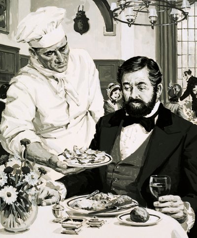 George Crum, Erfinder des Kartoffelchips, präsentiert seine Kreation von English School