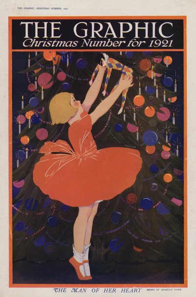 Mädchen hängt eine Harlekin-Dekoration an einen Weihnachtsbaum (Farblithographie) von English School