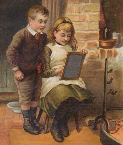 Mädchen hilft ihrem Bruder bei den Hausaufgaben von English School