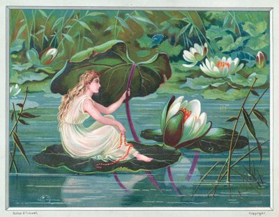 Mädchen sitzt auf Seerosenblatt im Teich, Weihnachtskarte von English School