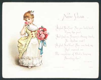 Mädchen riecht an Rosen, Neujahrskarte von English School