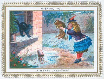 Mädchen ärgert Katze mit Hund, Weihnachtskarte von English School