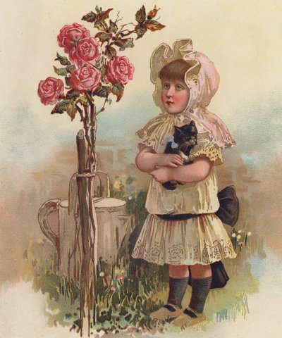 Mädchen mit einer Katze und einem Rosenbaum von English School
